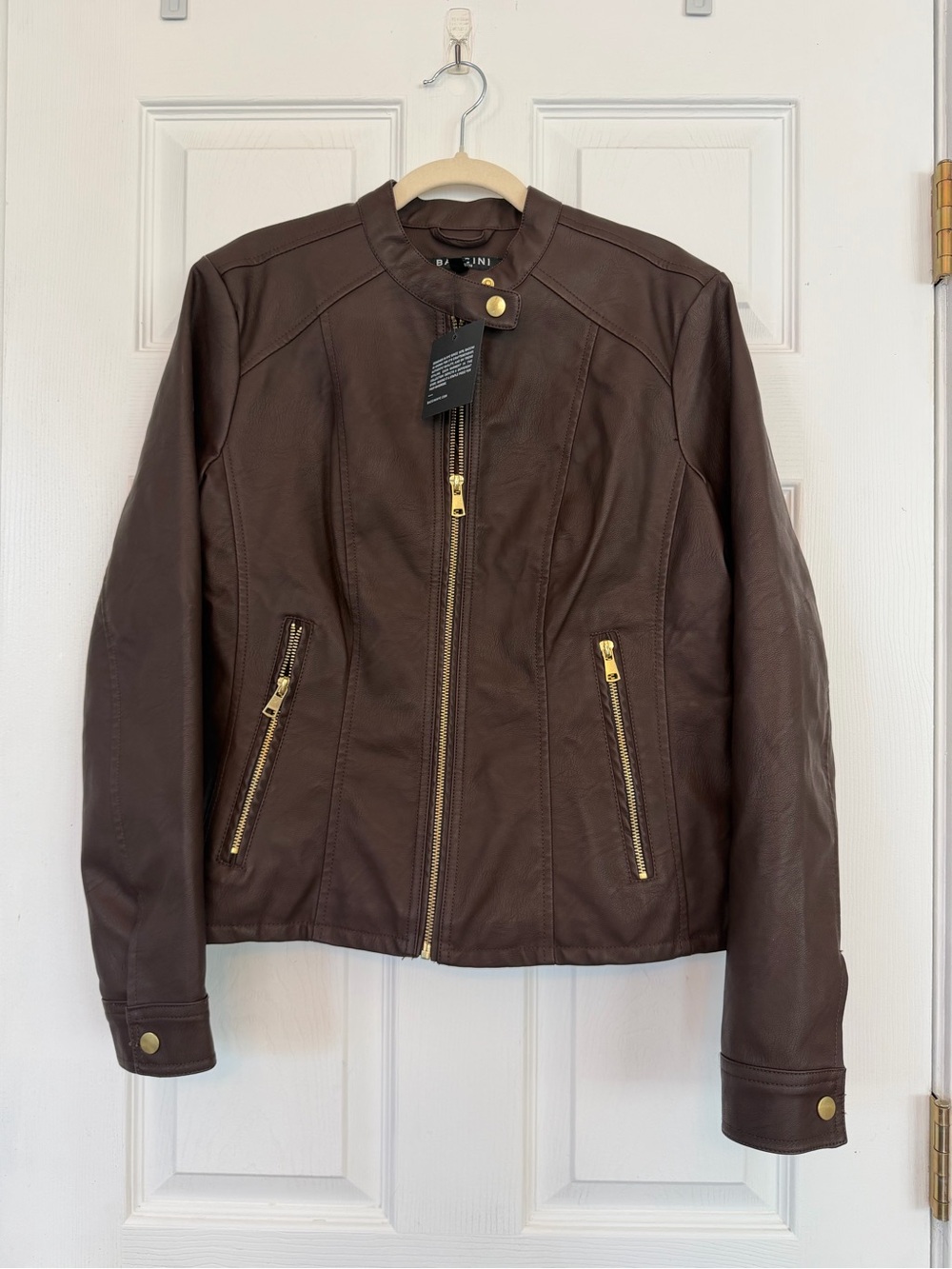 NWT Baccini Dark Brown Faux Leather Bomber Jacket with Gold Hardware. Size Small